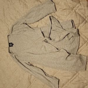 Criss cross grey striped long sleeve wrap light sweater or blouse.